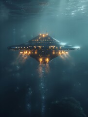 UFO and extraterrestrial ship swimming in bottom of the ocean. Alien spacecraft flying underwater.Sci-fi and fantasy concept. Generative AI