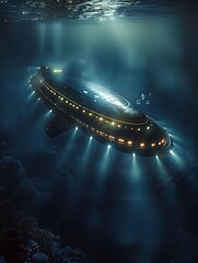 UFO and extraterrestrial ship swimming in bottom of the ocean. Alien spacecraft flying underwater.Sci-fi and fantasy concept. Generative AI