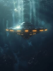 UFO and extraterrestrial ship swimming in bottom of the ocean. Alien spacecraft flying underwater.Sci-fi and fantasy concept. Generative AI