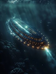 UFO and extraterrestrial ship swimming in bottom of the ocean. Alien spacecraft flying underwater.Sci-fi and fantasy concept. Generative AI
