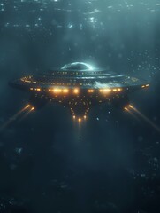 UFO and extraterrestrial ship swimming in bottom of the ocean. Alien spacecraft flying underwater.Sci-fi and fantasy concept. Generative AI