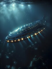 UFO and extraterrestrial ship swimming in bottom of the ocean. Alien spacecraft flying underwater.Sci-fi and fantasy concept. Generative AI