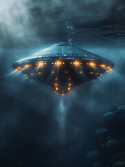 UFO and extraterrestrial ship swimming in bottom of the ocean. Alien spacecraft flying underwater.Sci-fi and fantasy concept. Generative AI
