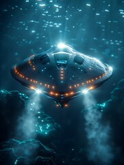 UFO and extraterrestrial ship swimming in bottom of the ocean. Alien spacecraft flying underwater.Sci-fi and fantasy concept. Generative AI