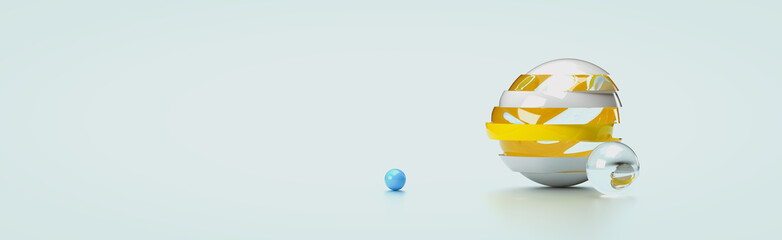 Glass balls, whole and cut into pieces. Blue and yellow color. 3d rendering on the topic of business, work, office, education, finance, peace, politics. Minimal style. Gray background.