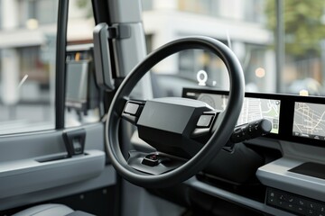 Futuristic car steering wheel with digital display, showcasing advanced automotive technology and sleek design for modern driving experiences