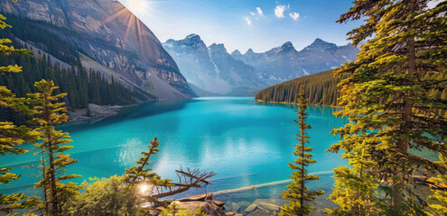 A stunning view of the picturesque Morgan Lake in Canada with its turquoise waters and snowcapped...