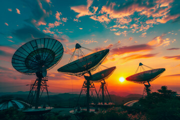 Satellite dish of communication center station at sunset.
