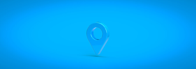 Blue path marker, pins on the map. 3d rendering on the topic of travel, flights, tours, travel company, navigation, route. Blue background.