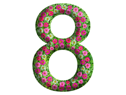 3d of the number 8 is made of green grass and beautiful flower isolated on transparent background. Go green concept for Memorial Day template