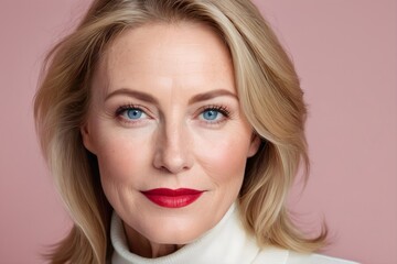 Close-up portrait of a beautiful mature woman with blonde hair, blue eyes and red lips, wearing a white turtleneck on pink background, studio shot © Adam