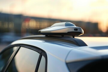 Obraz premium Futuristic car with advanced sensor technology on roof, showcasing modern design and self driving capabilities for autonomous driving
