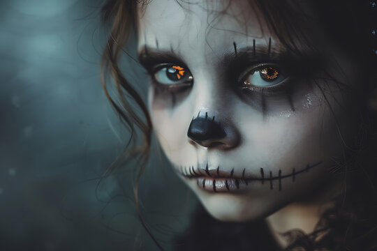 portrait of a child girl with face painting makeup for halloween or carnival