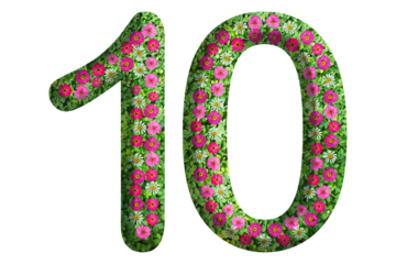 3d of the number 10 is made of green grass and beautiful flower isolated on transparent background. Go green concept for Memorial Day template