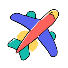 Airplane flying in the cloudy sky. Pink, blue colors. Passenger plane. Vacation, fast travel, transportation concept. Hand drawn Vector illustrations.