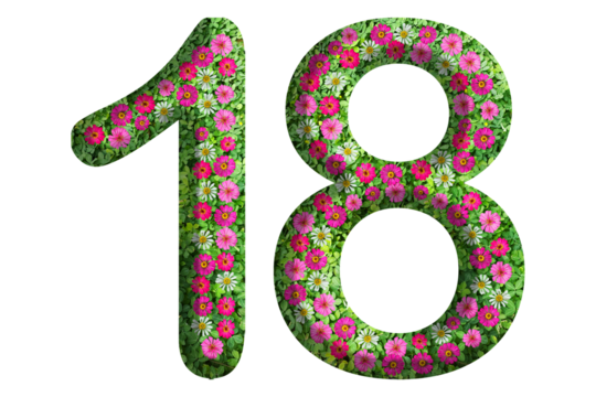 3d of the number 18 is made of green grass and beautiful flower isolated on transparent background. Go green concept for Memorial Day template