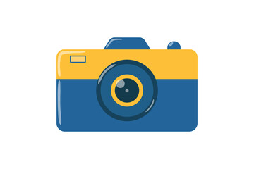 A yellow and blue photo camera for taking photos. Travel camera. Vector flat illustration on white background