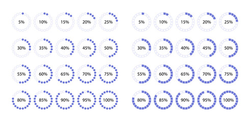 Circle 100 percent diagram structure. Progress loading template. Circular blue color progress bar. Violet round pie chart. Schemes with sectors. Piechart with segments. Vector illustration