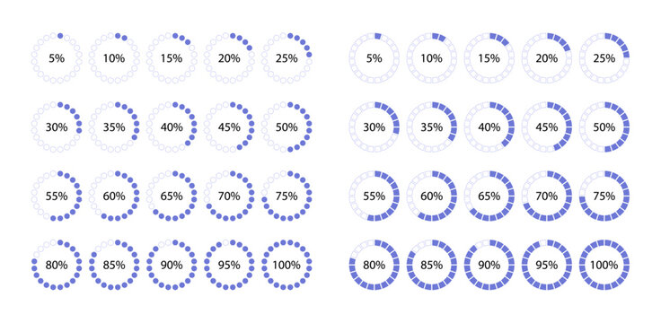 Circle 100 percent diagram structure. Progress loading template. Circular blue color progress bar. Violet round pie chart. Schemes with sectors. Piechart with segments. Vector illustration