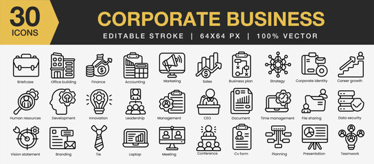 Set of 30 Corporate Business icon sets. Includes Briefcase, Office building, Finance, Accounting, Marketing, Sales, Human resources, Development, Innovation, and More. Outline icons vector collection.