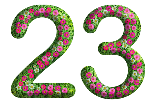 3d of the number 23 is made of green grass and beautiful flower isolated on transparent background. Go green concept for Memorial Day template