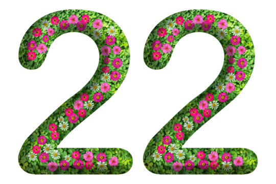 3d of the number 22 is made of green grass and beautiful flower isolated on transparent background. Go green concept for Memorial Day template