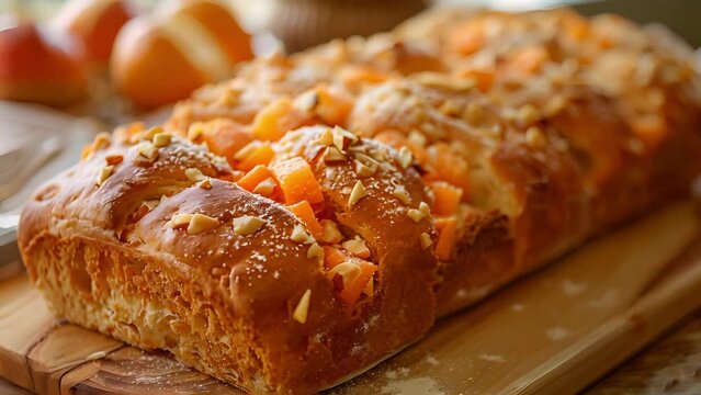 A loaf of bread bursting with diced papaya and toasted macadamia nuts creating a unique and flavorful combination.