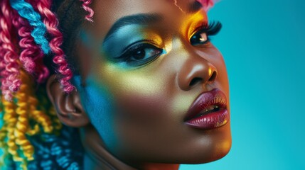 Woman with bright multi colored hair and artistic makeup