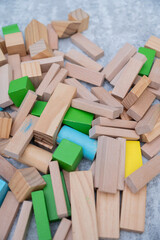 Children wooden blocks parts for game.Board game concept .Entertaining games for children.Kindergarden education games.close up view