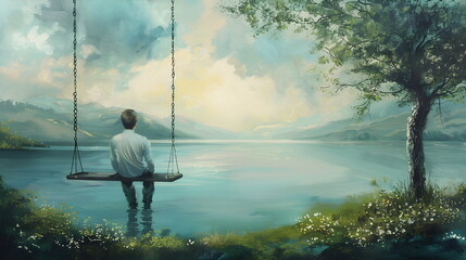 Man Contemplating Nature on Swing Overlooking Serene Lake Landscape