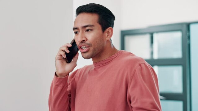 Phone call, conflict and upset man with mobile in home for argument, problem or bad customer service. Stress, speaking and unhappy person with cellphone for disagreement, frustrated or complaint