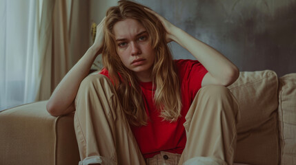Fototapeta premium Pensive young woman sitting on a couch, appearing stressed and anxious