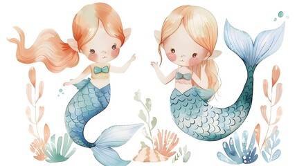 Whimsical Mermaid Children Playing in Magical Pastel Nursery