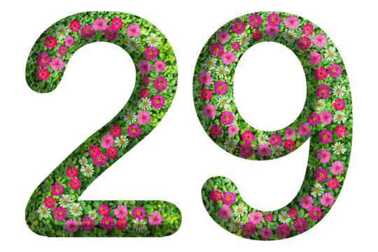 3d of the number 29 is made of green grass and beautiful flower isolated on transparent background. Go green concept for Memorial Day template