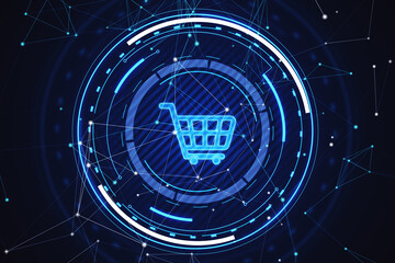 Digital shopping cart icon integrated into a futuristic circuit pattern on a dark blue background, concept of online shopping. 3D Rendering © Who is Danny