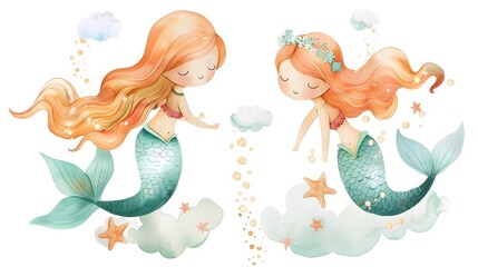 Obraz premium Enchanting Mermaid Sisters in a Whimsical Nursery Scene Shimmering Aquatic Fantasy Art