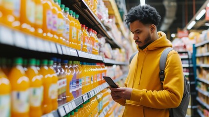 A man stands in front of a supermarket aisle filled with various brands of orange juice - Powered by Adobe
