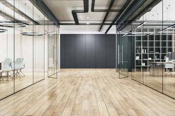 Modern office interior with glass partitions, wooden floors, and a minimalist design on a neutral background, concept of a creative workspace. 3D Rendering