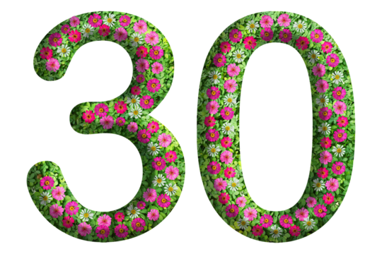 3d of the number 30 is made of green grass and beautiful flower isolated on transparent background. Go green concept for Memorial Day template - Powered by Adobe