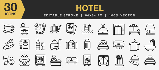 Set of 30 Hotel icon set. Editable Stroke Icon Collection. Includes room, lift, bed, bathroom, towel, reception, and More. Outline icons vector collection.