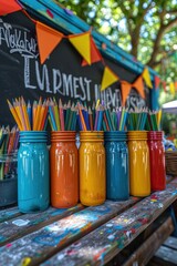 Row of vibrant mason jars holding various colored pencils