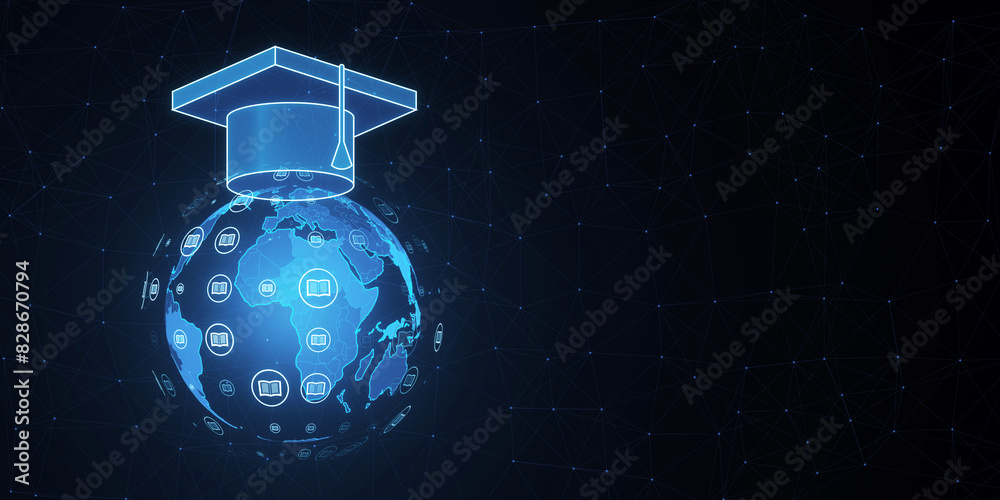 Poster a digital illustration of a graduation cap on a glowing globe with icons, on a network-style dark bl