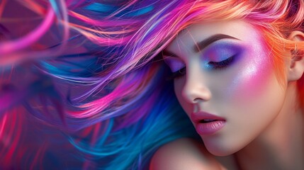 Woman with multi colored hair styled in a creative way and wearing artistic makeup