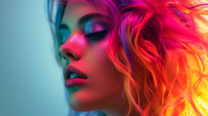 Woman with multi colored hair styled in a creative way and wearing artistic makeup