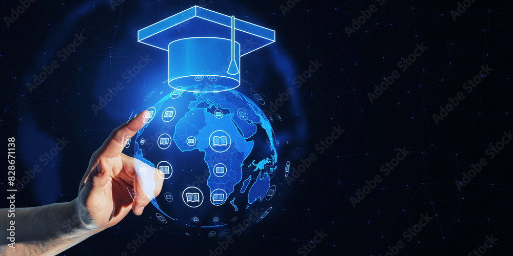 Poster a hand pointing at a digital hologram of a graduation cap over a globe, on a networked blue backgrou