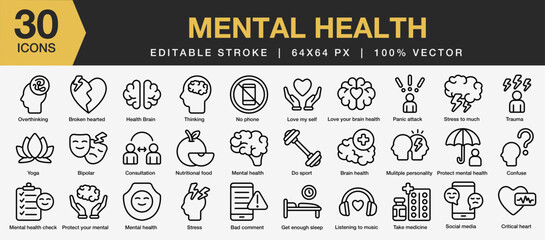 Set of 30 Mental health icon set. Editable Stroke Icon Collection. Includes broken, panic, protect, stress, thinking, and More. Outline icons vector collection.
