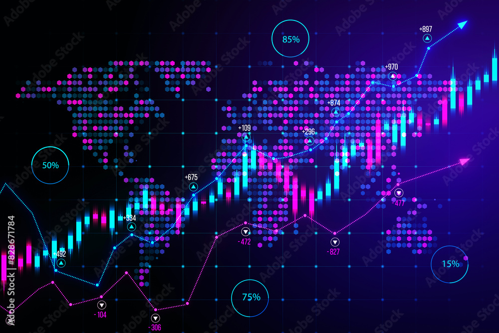 Poster abstract financial chart with candlestick and market data on a digital grid, concept of stock market