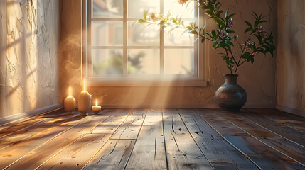 A room boasts a wooden floor, houses a vase with a plant, and accommodates two candles on the floor Behind a window, light streams in