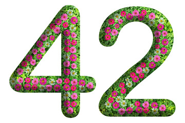 3d of the number 42 is made of green grass and beautiful flower isolated on transparent background. Go green concept for Memorial Day template