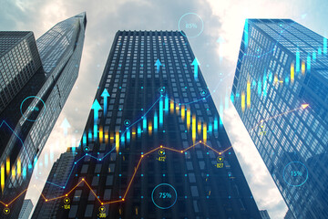 Skyscrapers with superimposed financial charts, symbolizing real estate market trends on a cloudy...